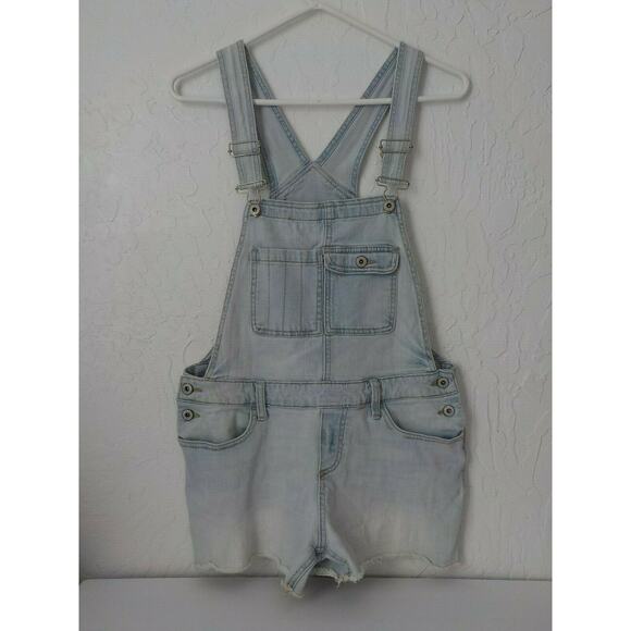 Mossimo Light Blue Denim Overall Shorts Women size Medium Raw Hem Button Up - Picture 1 of 6